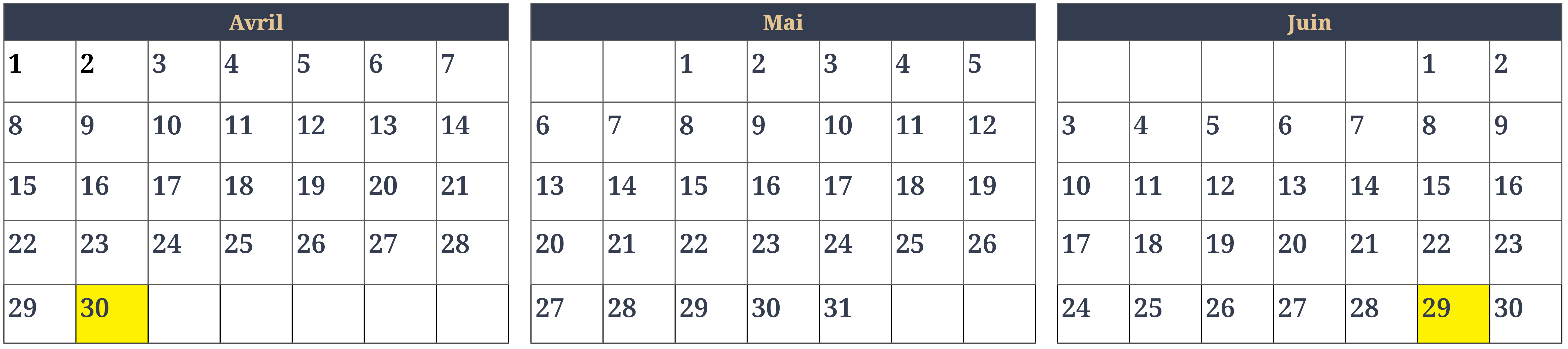 Les mois d'avril (30 jours), mai (31 jours) et juin (30 jours) sont reproduits côte-à-côte sous forme de pages de calendrier. Le lundi 30 avril et le vendredi 29 juin sont marqués en jaune pour représenter la période de 60 jours.