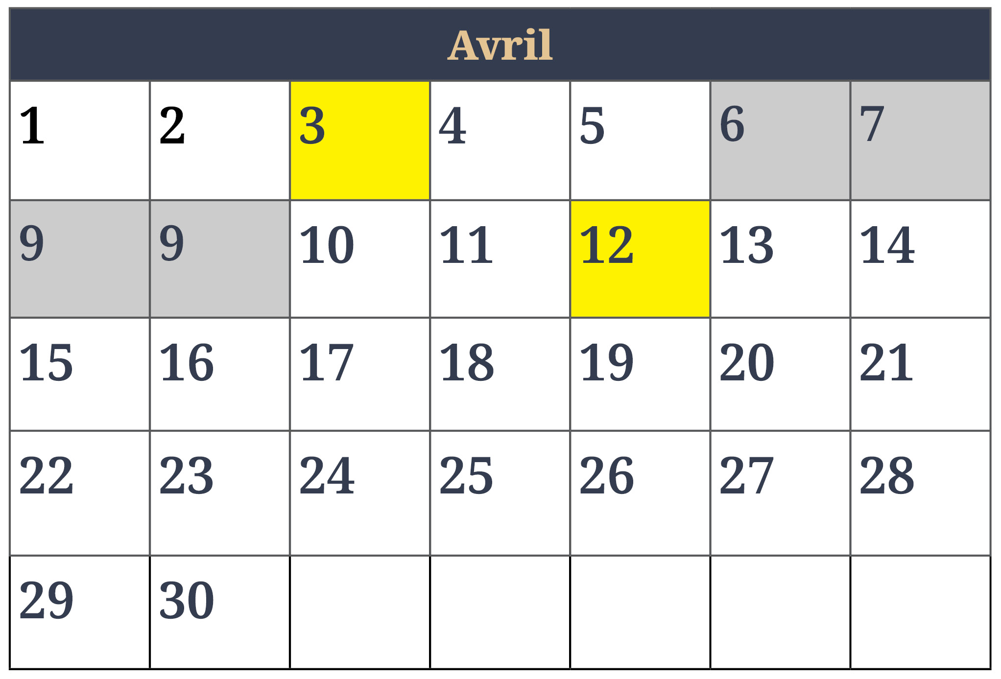 Le mois d'avril (30 jours) est reproduit sous forme de page de calendrier. Le mardi 3 avril ainsi que le jeudi 12 avril sont marqués en jaune pour représenter la période de 5 jours. Le vendredi 6 avril, le samedi 7 avril, le dimanche 8 avril et le lundi 9 avril sont ombrés car ils n'entrent pas dans le calcul du délai.
