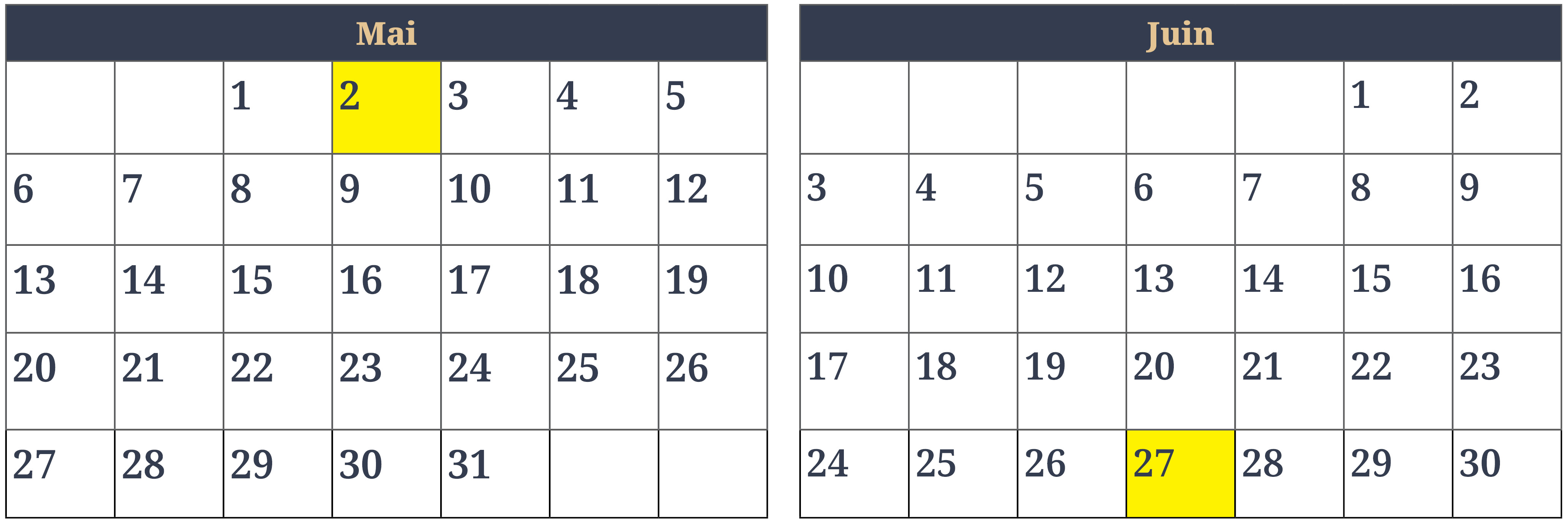 Les mois de mai (31 jours) et juin (30 jours) sont reproduits côte-à-côte sous forme de pages de calendrier. Le mercredi 2 mai et le mercredi 27 juin sont marqués en jaune pour représenter la période de huit semaines.
