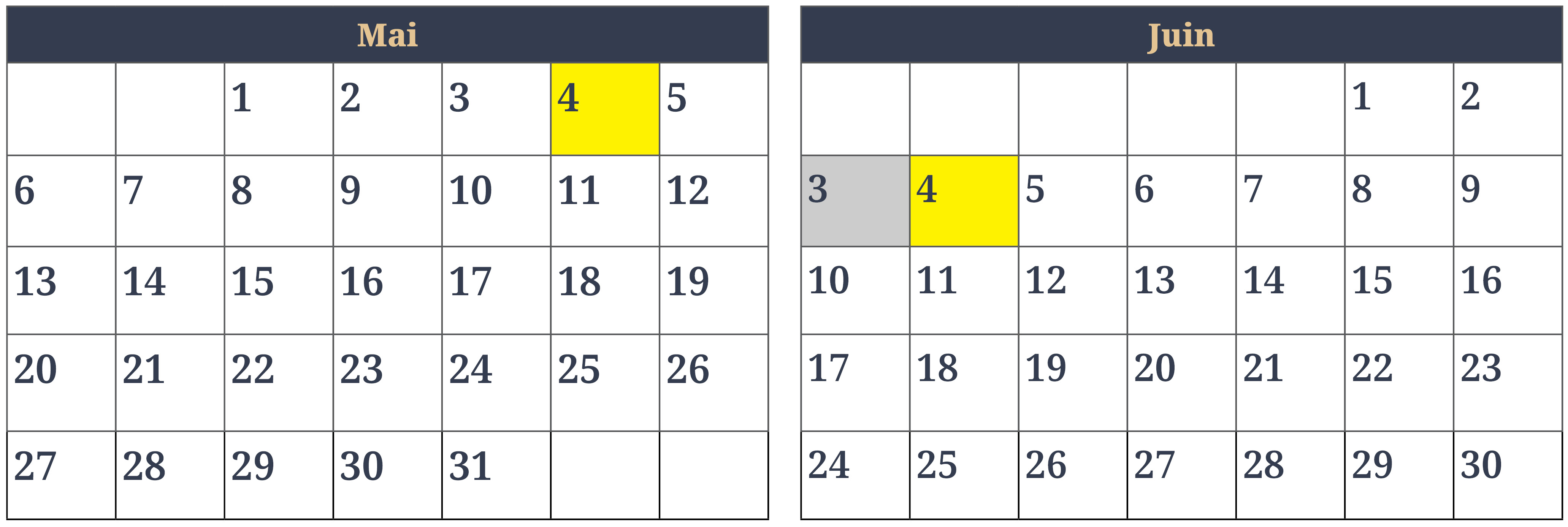 Les mois de mai (31 jours) et juin (30 jours) sont reproduits côte-à-côte sous forme de pages de calendrier. Le vendredi 4 mai et le lundi 4 juin sont marqués en jaune pour représenter la période de 30 jours. Le dimanche 3 juin est ombré car il n'entre pas dans le calcul du délai.